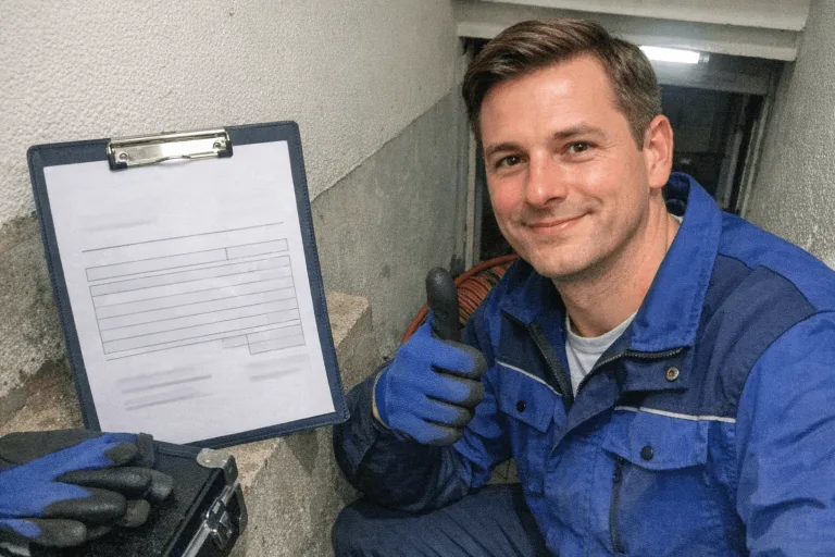 Techniker der Rohrreinigung zeigt Daumen hoch neben einer klar dargestellten Einsatzrechnung im Notdienst