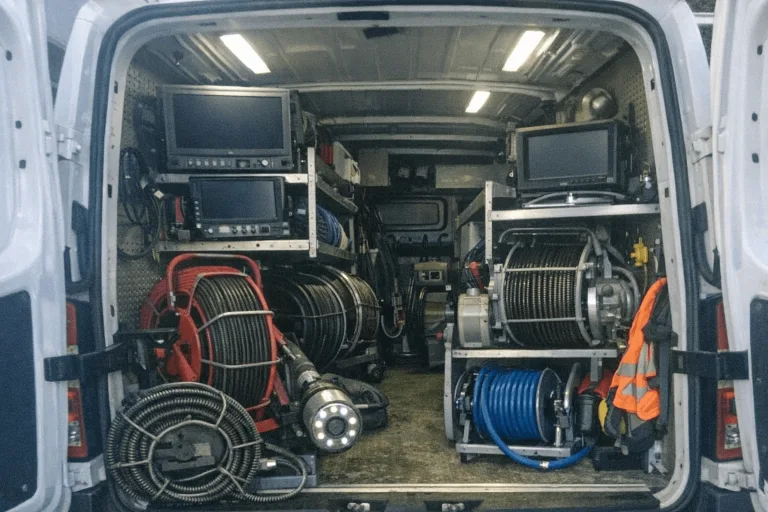 Sauberer Rohrservice-Transporter mit Monitoren, Kameratechnik und Werkzeugen für TV-Inspektion in Chorweiler.