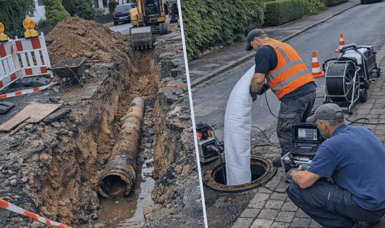 Vergleich zwischen aufgebrochenem Garten und grabenloser Rohrsanierung