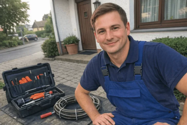 Rohrreinigungs-Fachkraft bei einem freundlichen Kundentermin vor einem Wohnhaus