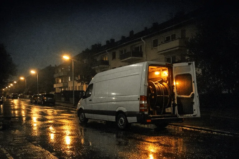 Servicefahrzeug der Rohrreinigung bei Nacht im Einsatz