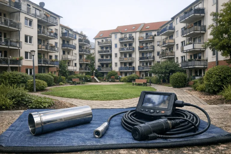 Großer Wohnkomplex in Chorweiler mit Detailansicht eines sauberen Rohrinneren für Rohr Wartungsvertrag