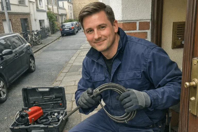 Techniker mit Rohrreinigungsspirale vor Wohnhaus in Gremberg bei einem realistischen Serviceeinsatz.