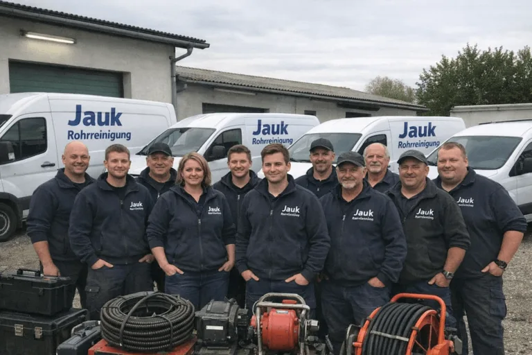 Das gesamte Team von Jauk Rohrreinigung vor den Servicefahrzeugen der Firmenflotte.