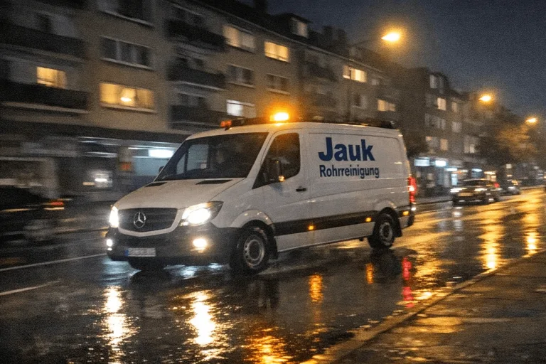 Servicefahrzeug von Jauk Rohrreinigung bei einem nächtlichen Notdiensteinsatz
