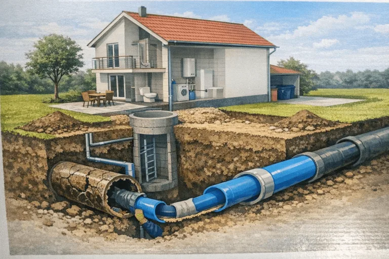 Infografik einer grabenlosen Rohrsanierung unter einem Wohnhaus