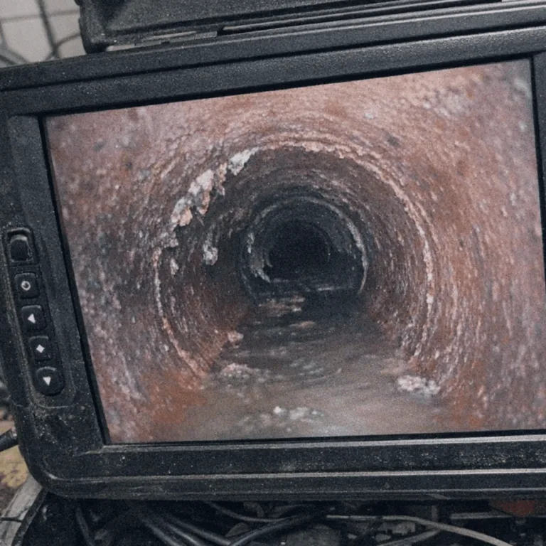 Kamerainspektion eines Abwasserrohrs auf einem Monitor im Servicefahrzeug