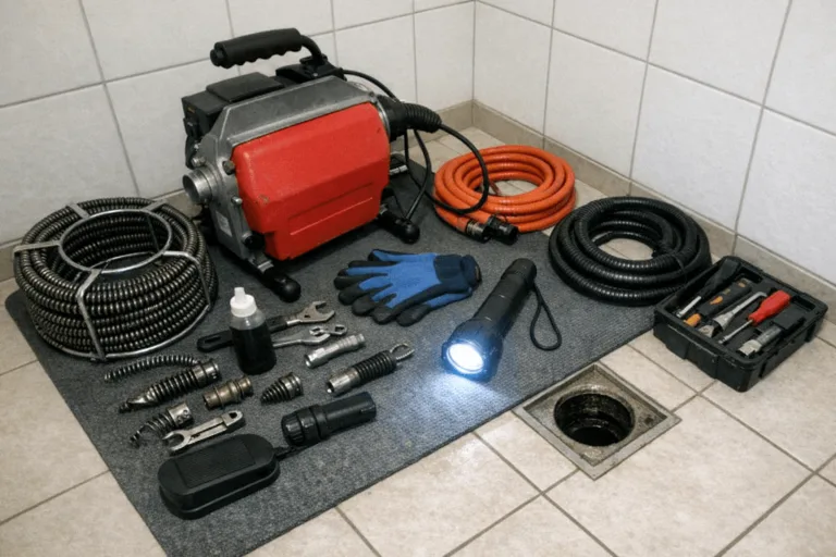 Nahaufnahme moderner Rohrreinigungsgeräte auf Schutzmatte vor dem Einsatz