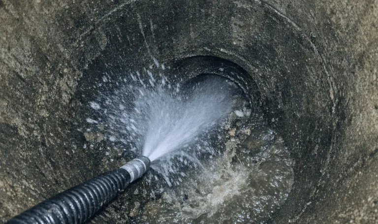 Baustelle mit schwerem Spülschlauch an einem Fundamentrohr