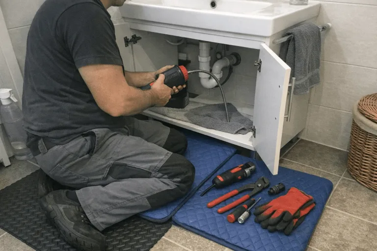 Moderne Badezimmer-Szene mit Fachkraft bei sauberer Arbeit am Waschbecken