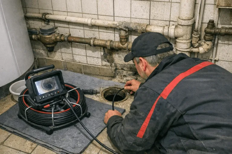 Techniker inspiziert alte Abwasserrohre mit einer kleinen Druckkamera in einem älteren Gebäude in Riehl.