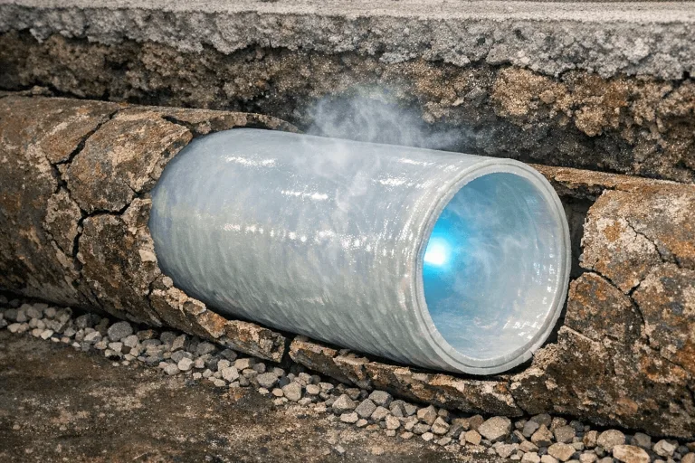 Querschnitt eines mit Epoxidharz getränkten Liners in einem beschädigten Rohr